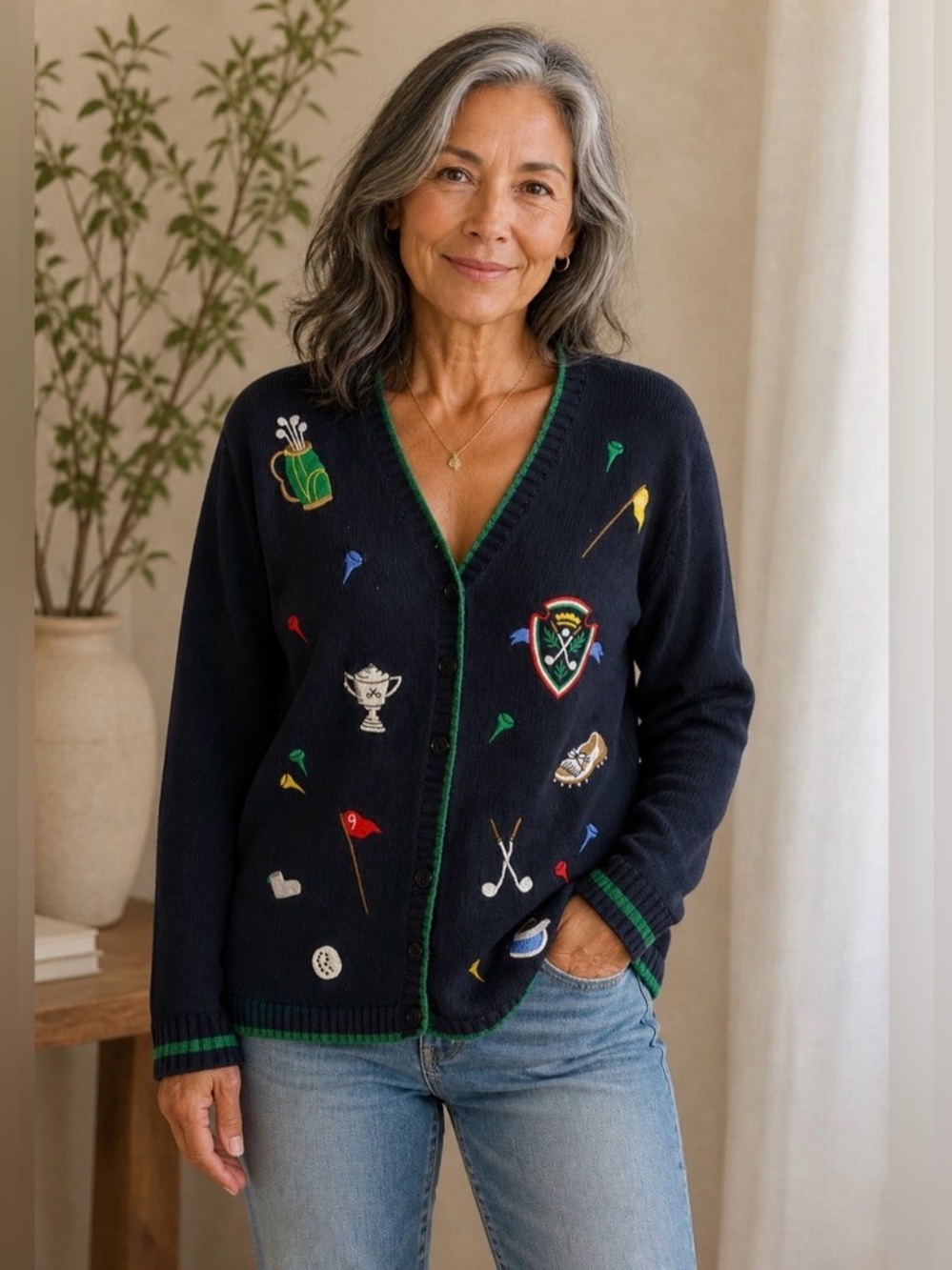 Talbots Vintage Retro 1990s Golf Embroidered Cotton Cardigan Sweater Sz L Women’